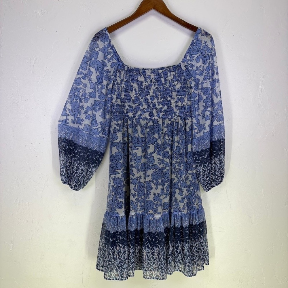 Blue Floral Smocked Mini Dress Long Balloon Sleeve Square Neck Boho Ruffle Hem